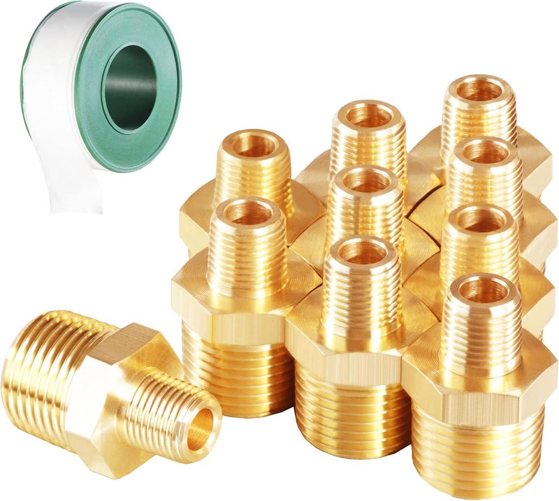 MSAEIQUN 10PCS 3/8 Inch Male Pipe x 1/8 Inch Male Pipe Solid Brass Threaded Straight Pipe Reducing Hex Nipple Fittings Extension Connector Adapter Coupling for Pipe Line/Oil/Gas - Image 1